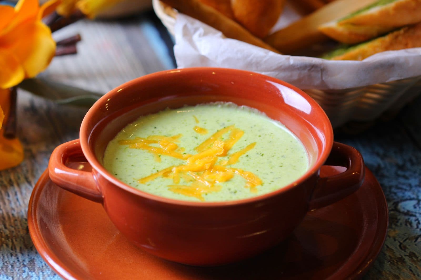A warm bowl of smooth blended soup, an easy meal to eat while recovering